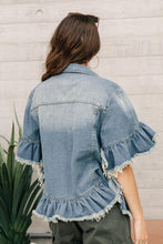 Load image into Gallery viewer, Emelie Ruffle Denim Jacket in Medium Wash
